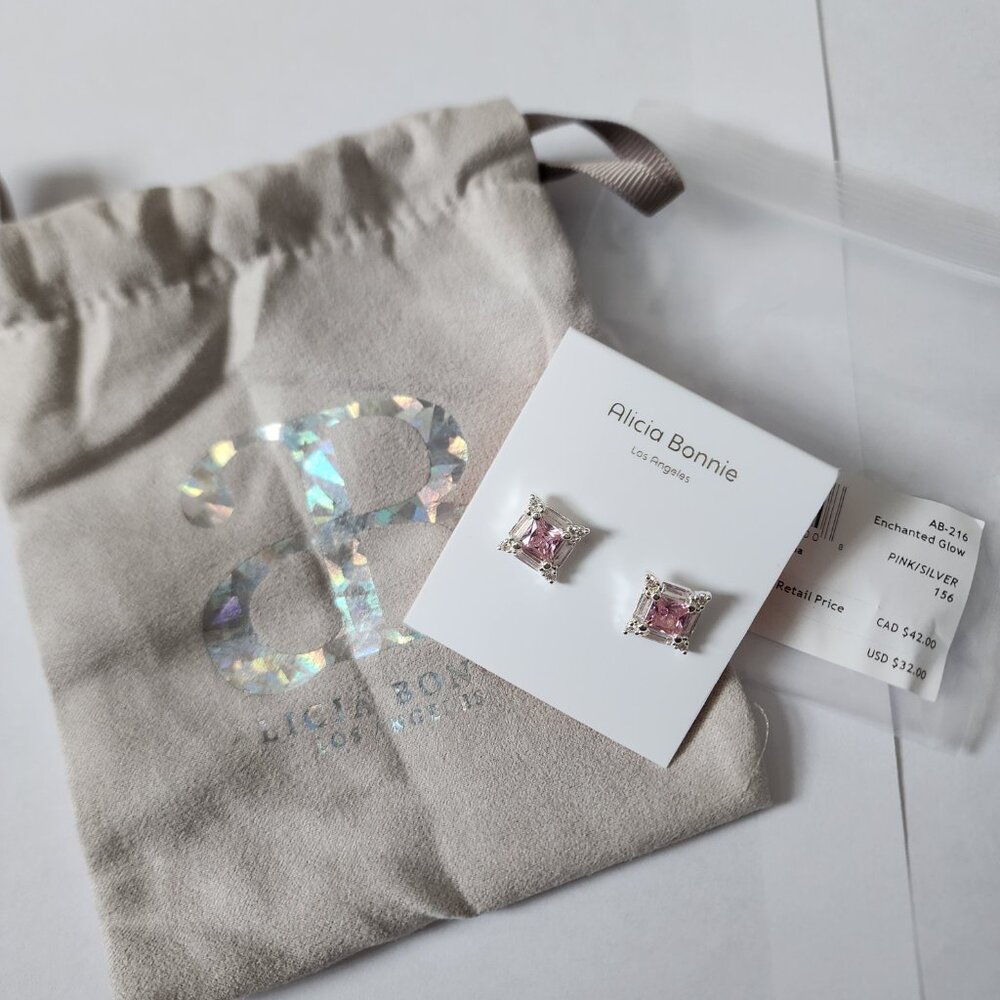 NWT Alicia Bonnie, "Enchanted Glow", Square Pink Stud Earrings